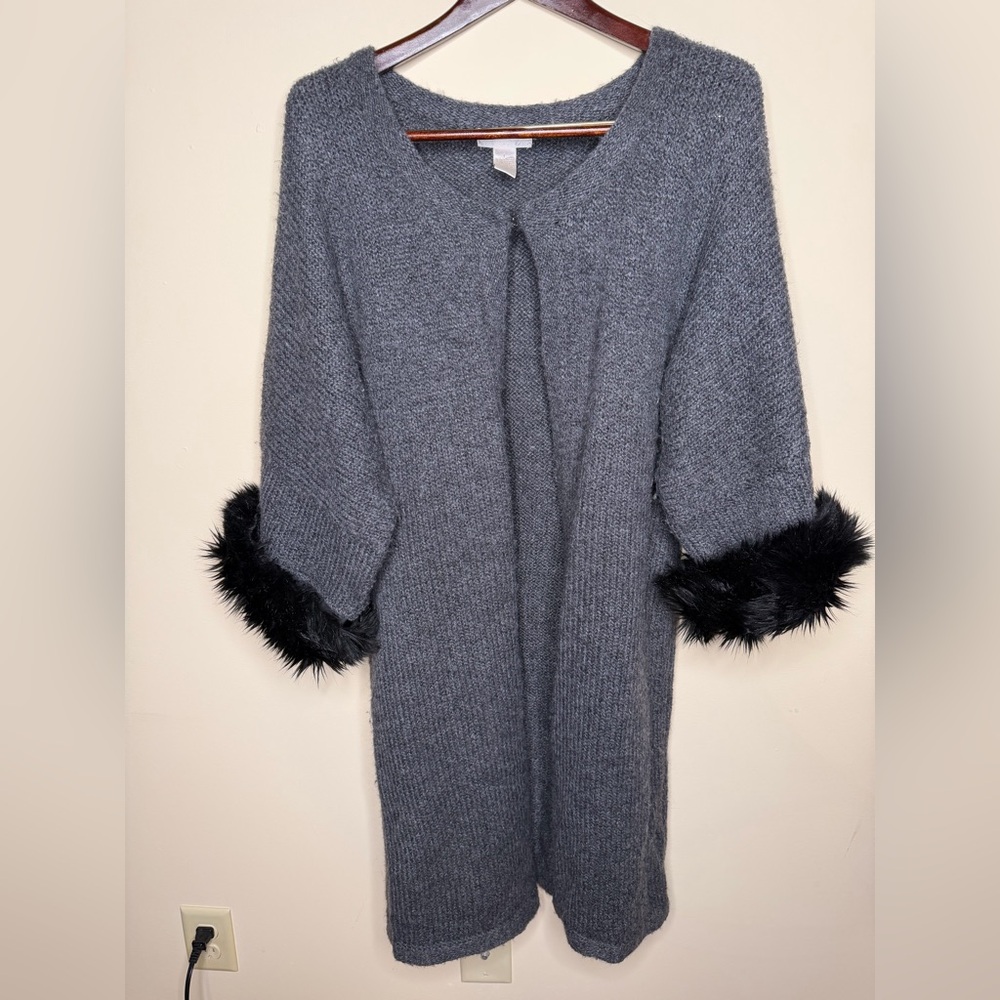Vintage Kenar Women’s Alpaca Grey Clasp Long Cardigan Faux Fur Sleeves. Size L